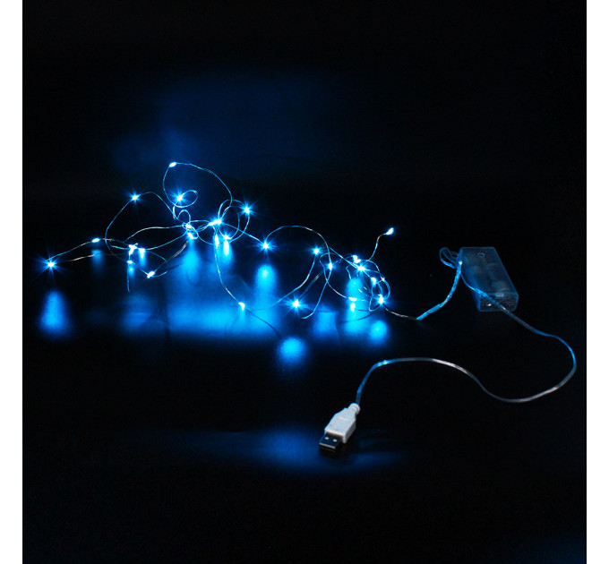Xmas гірлянд 30 Led 3M (Copper) на мідному дроті (Крапля роси) B BLUE BATTERY+USB